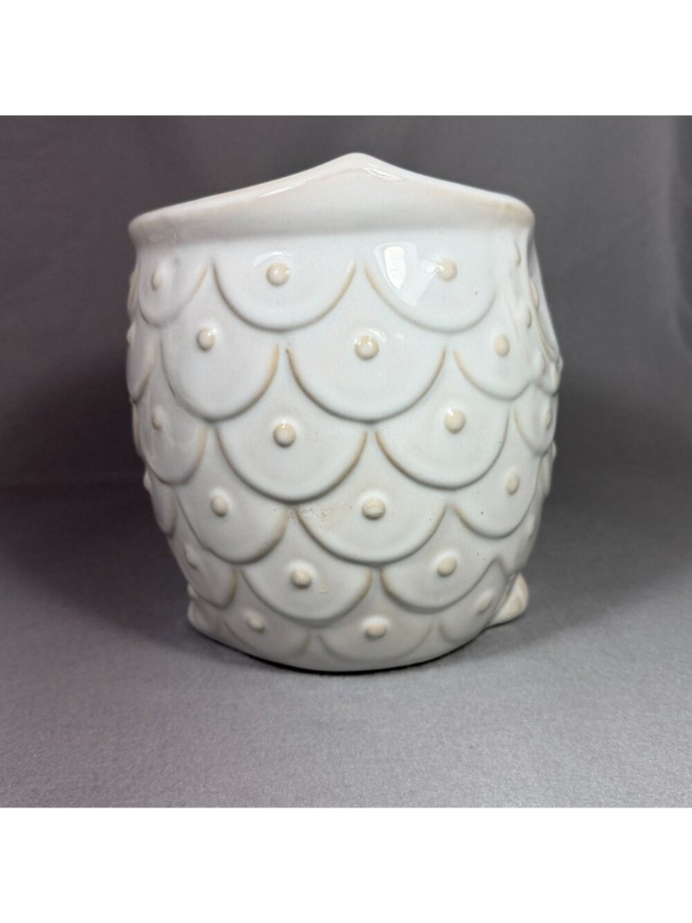White Ceramic Owl Utensil Holder Crock Embossed Boho Farmhouse Kitchen Decor - Picture 8 of 16